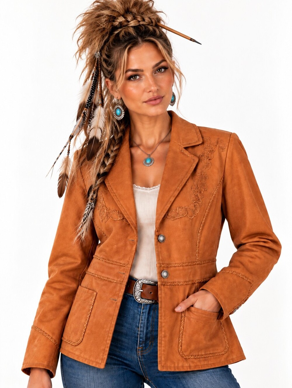 Cripple Creek XL Rustic Brown Leather Western Embroidered Blazer Jacket